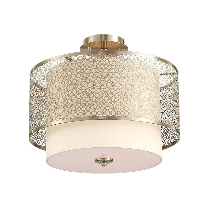 3 Bulbs Cylinder Flush Lamp with Metal Carved Shade Vintage Ceiling Flush Mount Light in Gold Clearhalo 'Ceiling Lights' 'Close To Ceiling Lights' 'Close to ceiling' 'Semi-flushmount' Lighting' 260681