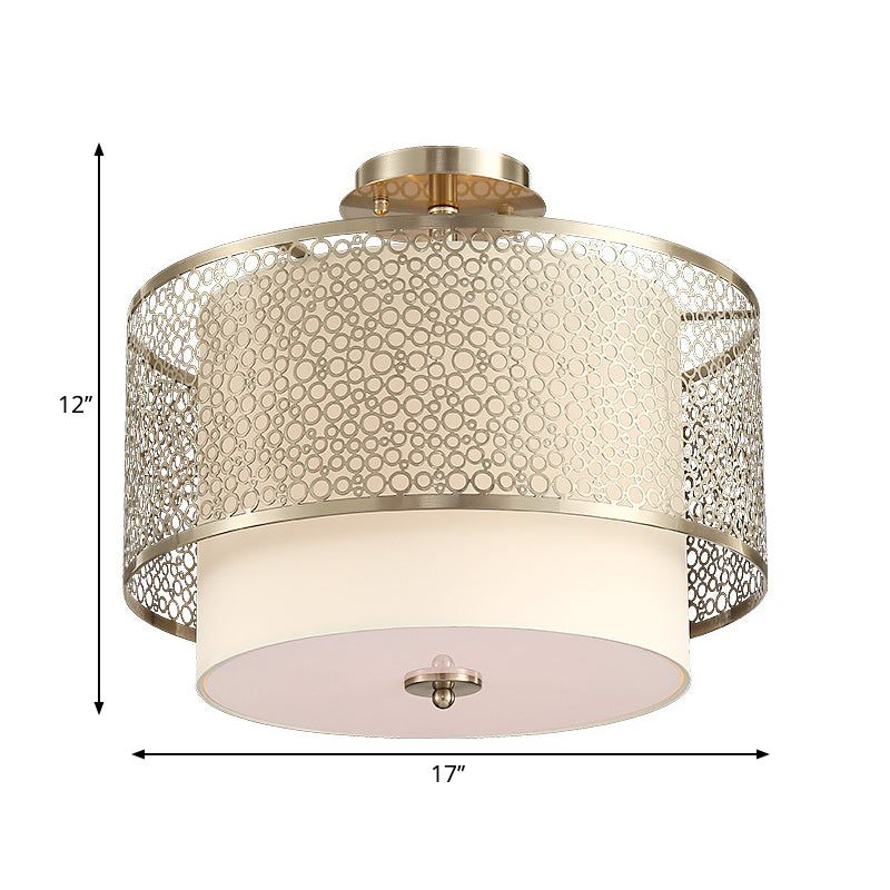 3 Bulbs Cylinder Flush Lamp with Metal Carved Shade Vintage Ceiling Flush Mount Light in Gold Clearhalo 'Ceiling Lights' 'Close To Ceiling Lights' 'Close to ceiling' 'Semi-flushmount' Lighting' 260682