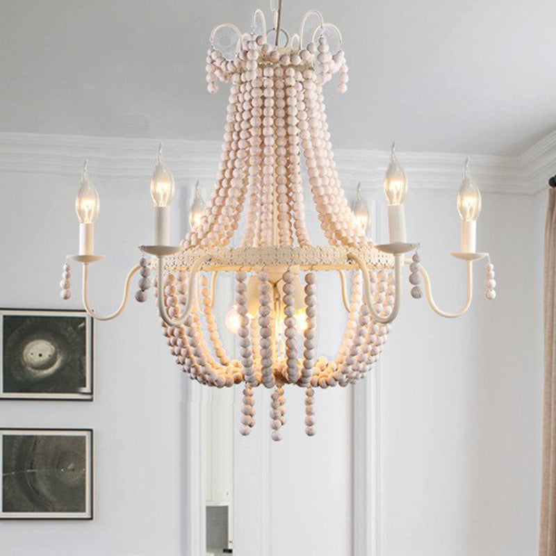 White 6/9-Head Chandelier Light Transitional Wooden Beaded Basket Hanging Ceiling Pendant 9 White Clearhalo 'Ceiling Lights' 'Chandeliers' Lighting' options 260689_7c8b1b8c-a513-4d37-b89a-13fce06e9071