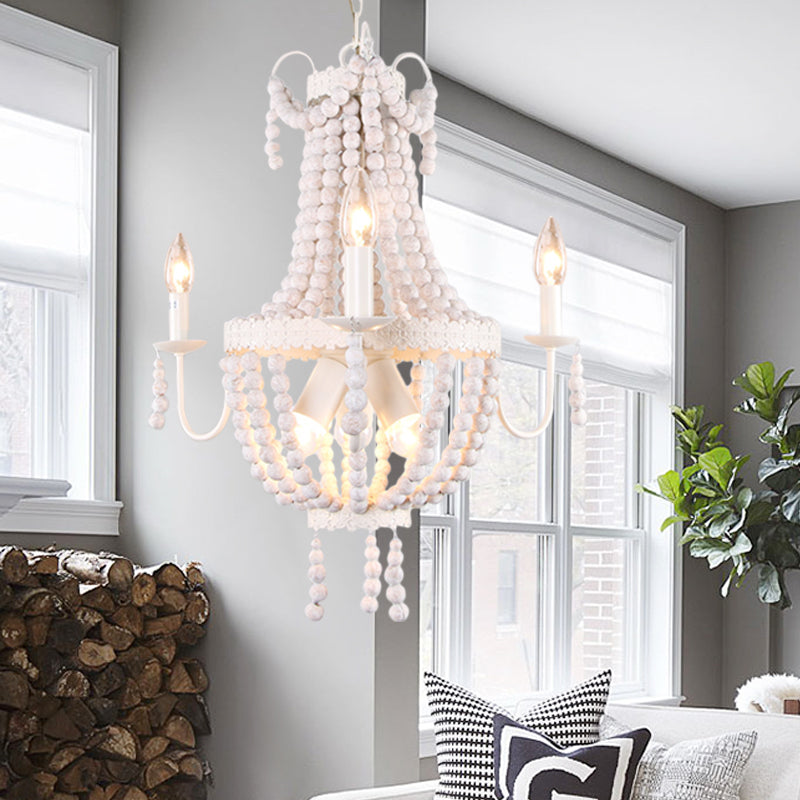 White 6/9-Head Chandelier Light Transitional Wooden Beaded Basket Hanging Ceiling Pendant Clearhalo 'Ceiling Lights' 'Chandeliers' Lighting' options 260693