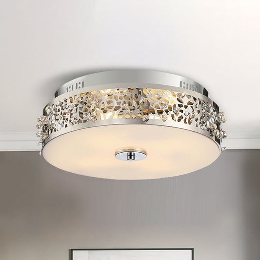 Metallic Drum Flush Lamp with Crystal Accents 4 Lights Contemporary Ceiling Flush Mount in Chrome Chrome Clearhalo 'Ceiling Lights' 'Close To Ceiling Lights' 'Close to ceiling' 'Flush mount' Lighting' 260705