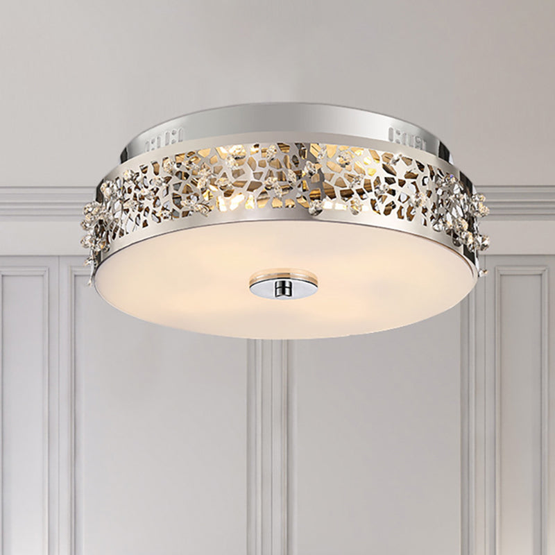 Metallic Drum Flush Lamp with Crystal Accents 4 Lights Contemporary Ceiling Flush Mount in Chrome Clearhalo 'Ceiling Lights' 'Close To Ceiling Lights' 'Close to ceiling' 'Flush mount' Lighting' 260706