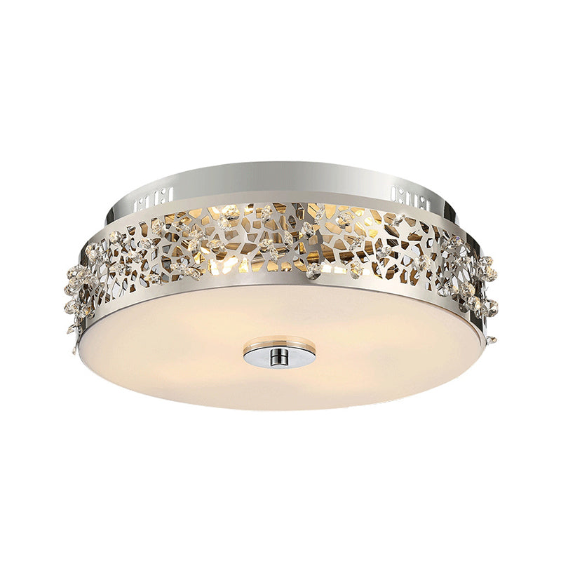 Metallic Drum Flush Lamp with Crystal Accents 4 Lights Contemporary Ceiling Flush Mount in Chrome Clearhalo 'Ceiling Lights' 'Close To Ceiling Lights' 'Close to ceiling' 'Flush mount' Lighting' 260707