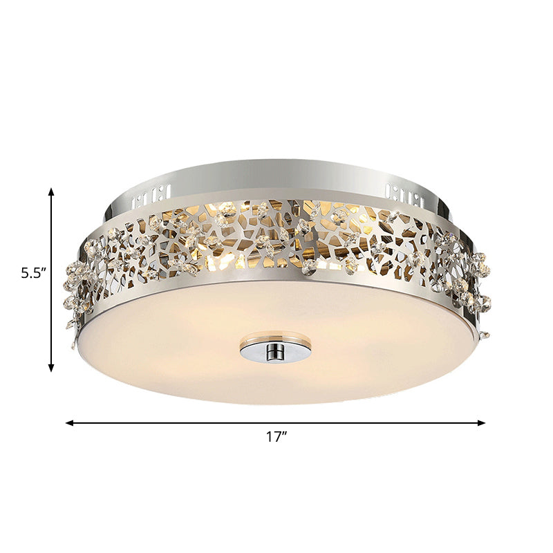 Metallic Drum Flush Lamp with Crystal Accents 4 Lights Contemporary Ceiling Flush Mount in Chrome Clearhalo 'Ceiling Lights' 'Close To Ceiling Lights' 'Close to ceiling' 'Flush mount' Lighting' 260708