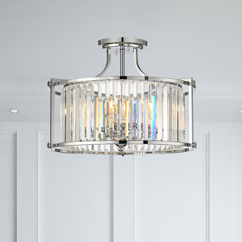 Clear Crystal Drum Ceiling Light 4 Lights Modernism Polished Chrome Semi Flushmount Clearhalo 'Ceiling Lights' 'Close To Ceiling Lights' 'Close to ceiling' 'Semi-flushmount' Lighting' 260710