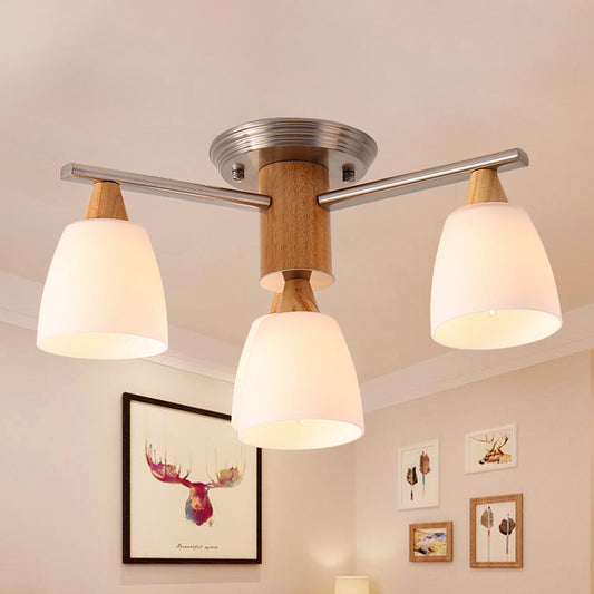 4 Lights Tapered Semi Flush Light Modern White Glass Semi Flush Mount Light in Wood White Clearhalo 'Ceiling Lights' 'Chandeliers' 'Close To Ceiling Lights' 'Close to ceiling' 'Glass shade' 'Glass' 'Semi-flushmount' Lighting' 260722