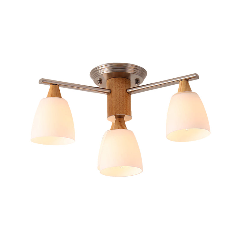 4 Lights Tapered Semi Flush Light Modern White Glass Semi Flush Mount Light in Wood Clearhalo 'Ceiling Lights' 'Chandeliers' 'Close To Ceiling Lights' 'Close to ceiling' 'Glass shade' 'Glass' 'Semi-flushmount' Lighting' 260724