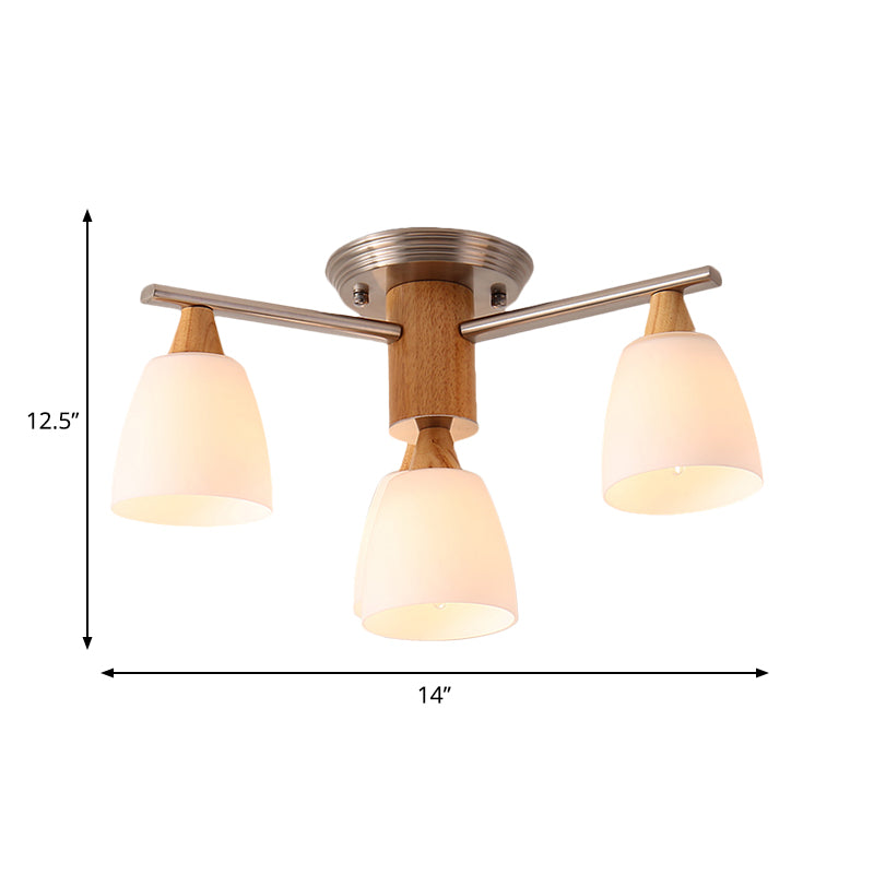 4 Lights Tapered Semi Flush Light Modern White Glass Semi Flush Mount Light in Wood Clearhalo 'Ceiling Lights' 'Chandeliers' 'Close To Ceiling Lights' 'Close to ceiling' 'Glass shade' 'Glass' 'Semi-flushmount' Lighting' 260725