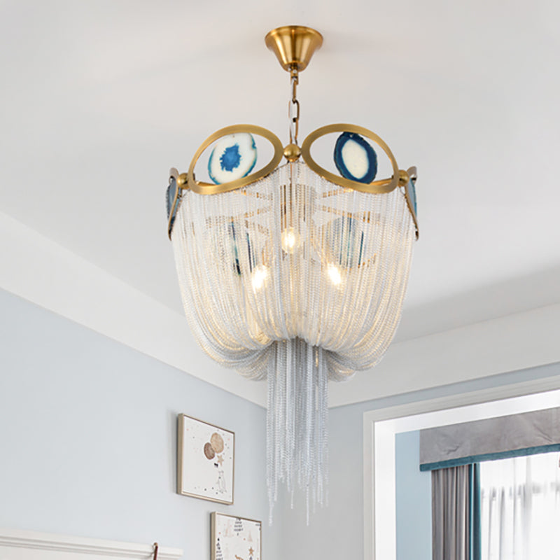 Chain Metal Empire Chandelier Lighting Modernist Nordic Style 3 Lights Gold Hanging Light Fixture Clearhalo 'Ceiling Lights' 'Chandeliers' 'Modern Chandeliers' 'Modern' Lighting' 260750