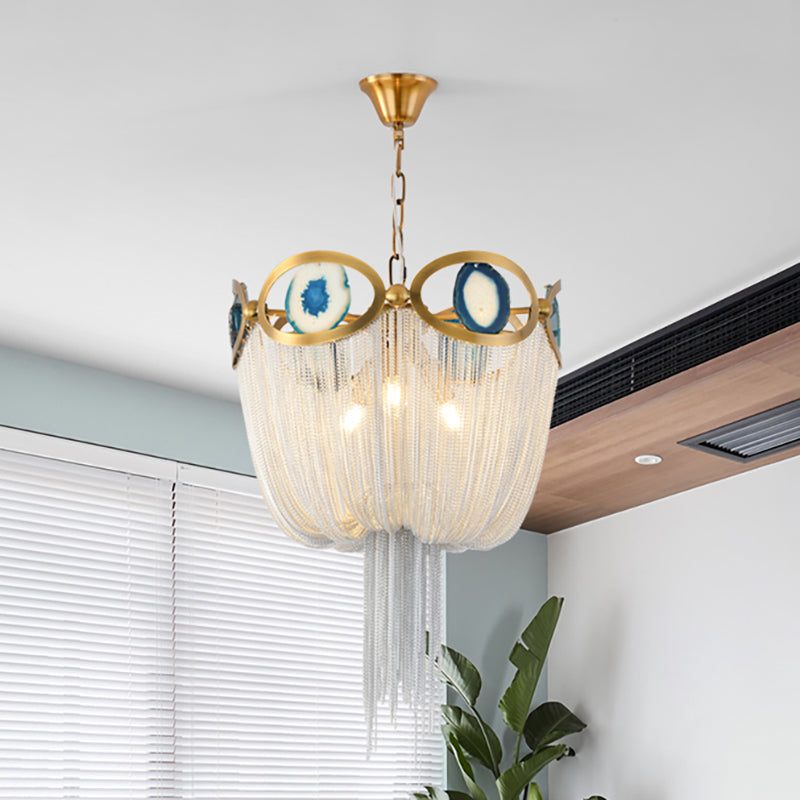 Chain Metal Empire Chandelier Lighting Modernist Nordic Style 3 Lights Gold Hanging Light Fixture Gold Clearhalo 'Ceiling Lights' 'Chandeliers' 'Modern Chandeliers' 'Modern' Lighting' 260751