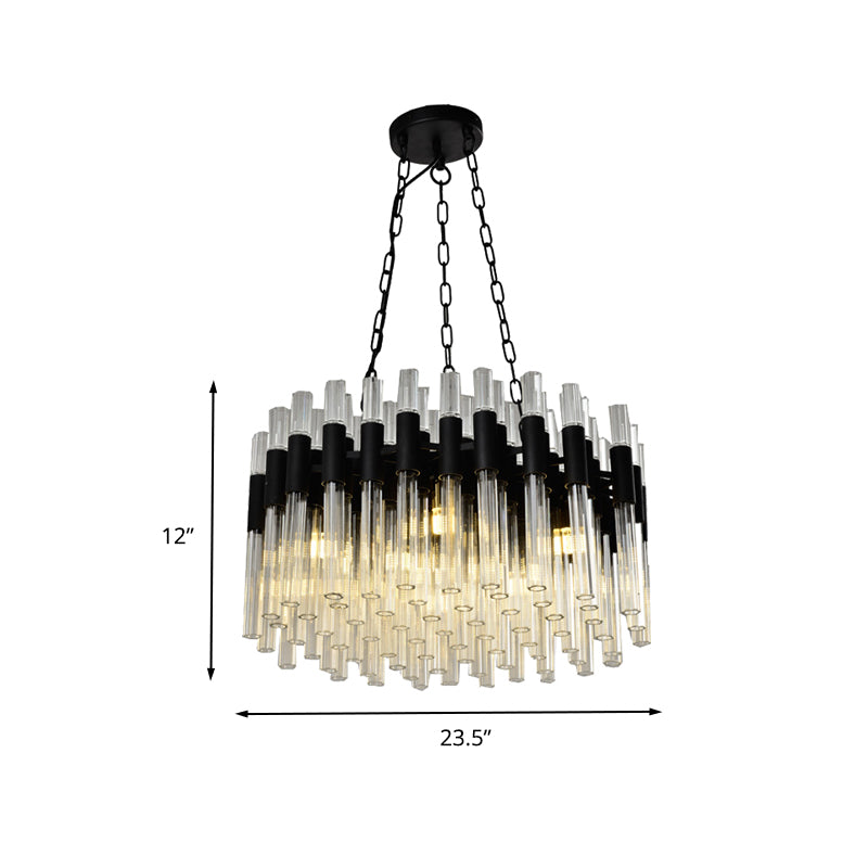 8 Lights Living Hanging Lamp Kit Modern Black Chandelier Light with Drum Fluted Crystal Shade Clearhalo 'Ceiling Lights' 'Chandeliers' 'Modern Chandeliers' 'Modern' Lighting' 260756