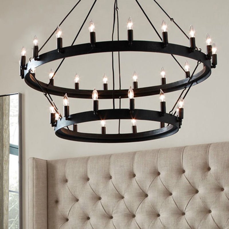 30 Lights Candle Style Hanging Lamp Kit Countryside Black Metal Chandelier Lighting with Round Ring Clearhalo 'Ceiling Lights' 'Chandeliers' Lighting' options 260779