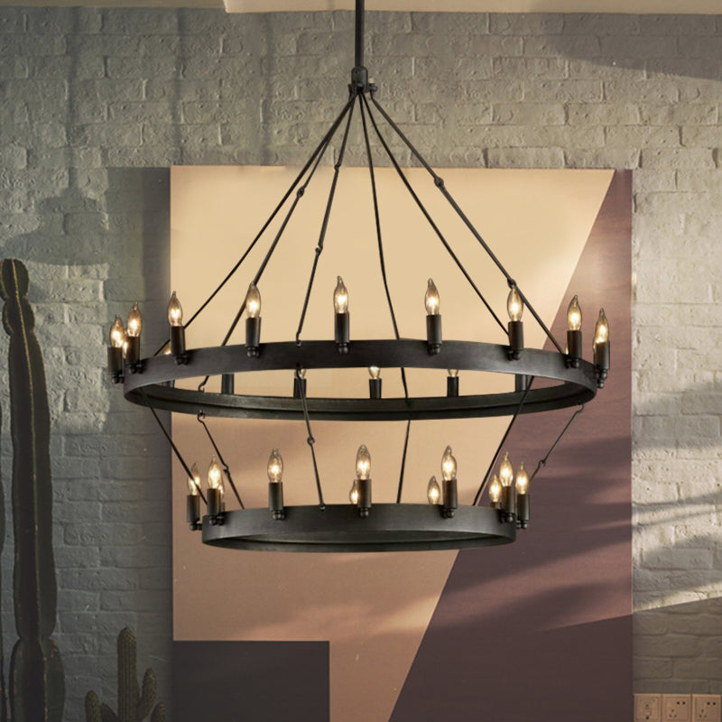 30 Lights Candle Style Hanging Lamp Kit Countryside Black Metal Chandelier Lighting with Round Ring Clearhalo 'Ceiling Lights' 'Chandeliers' Lighting' options 260780