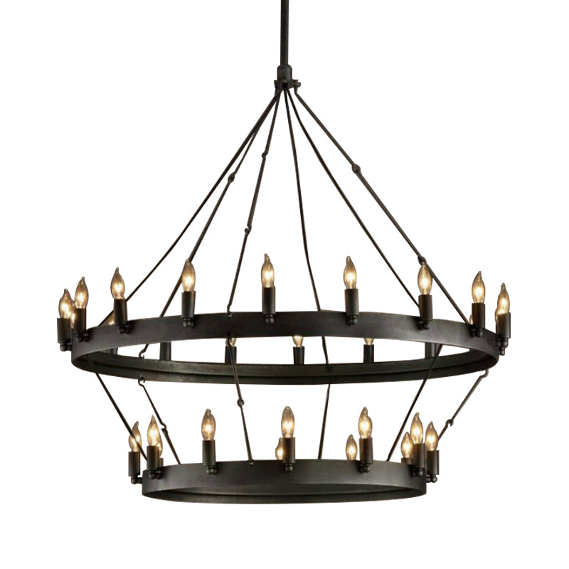 30 Lights Candle Style Hanging Lamp Kit Countryside Black Metal Chandelier Lighting with Round Ring Clearhalo 'Ceiling Lights' 'Chandeliers' Lighting' options 260782