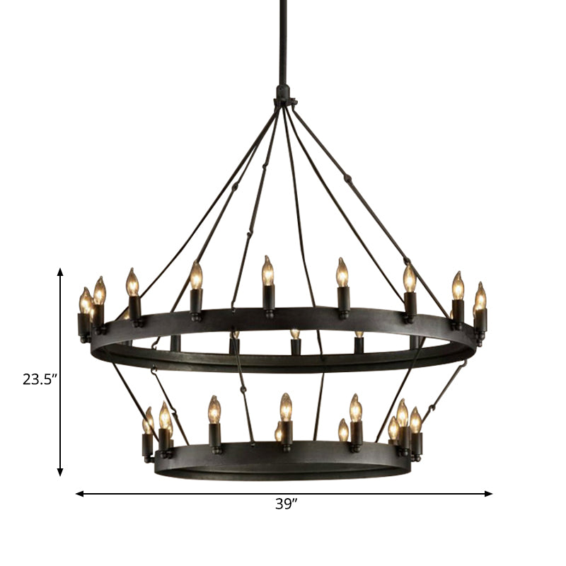 30 Lights Candle Style Hanging Lamp Kit Countryside Black Metal Chandelier Lighting with Round Ring Clearhalo 'Ceiling Lights' 'Chandeliers' Lighting' options 260783