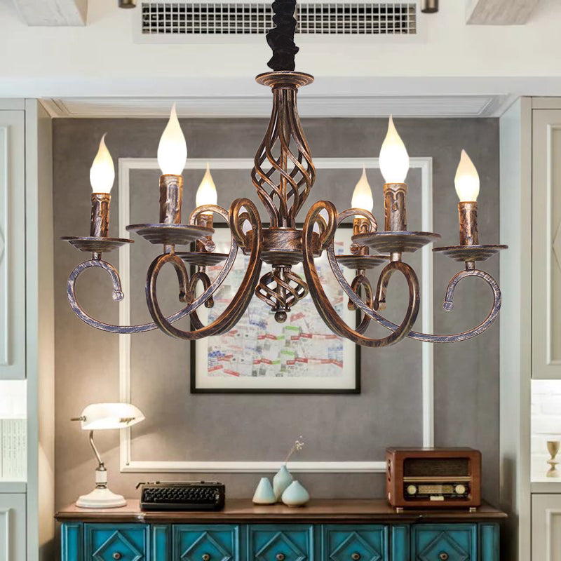 6 Lights Swirled Arm Chandelier Lamp Vintage Bronze Metal Suspension Lighting Fixture for Dining Room Clearhalo 'Ceiling Lights' 'Chandeliers' Lighting' options 260784