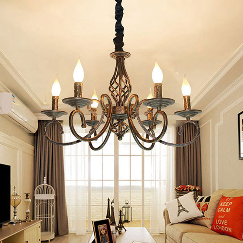 6 Lights Swirled Arm Chandelier Lamp Vintage Bronze Metal Suspension Lighting Fixture for Dining Room Clearhalo 'Ceiling Lights' 'Chandeliers' Lighting' options 260785