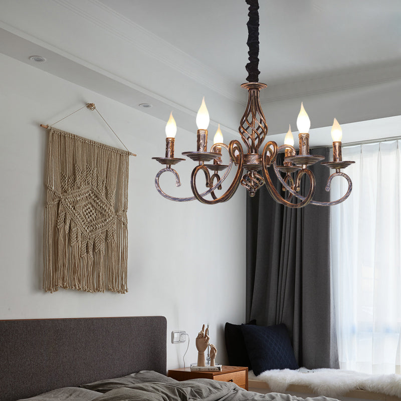 6 Lights Swirled Arm Chandelier Lamp Vintage Bronze Metal Suspension Lighting Fixture for Dining Room Clearhalo 'Ceiling Lights' 'Chandeliers' Lighting' options 260786