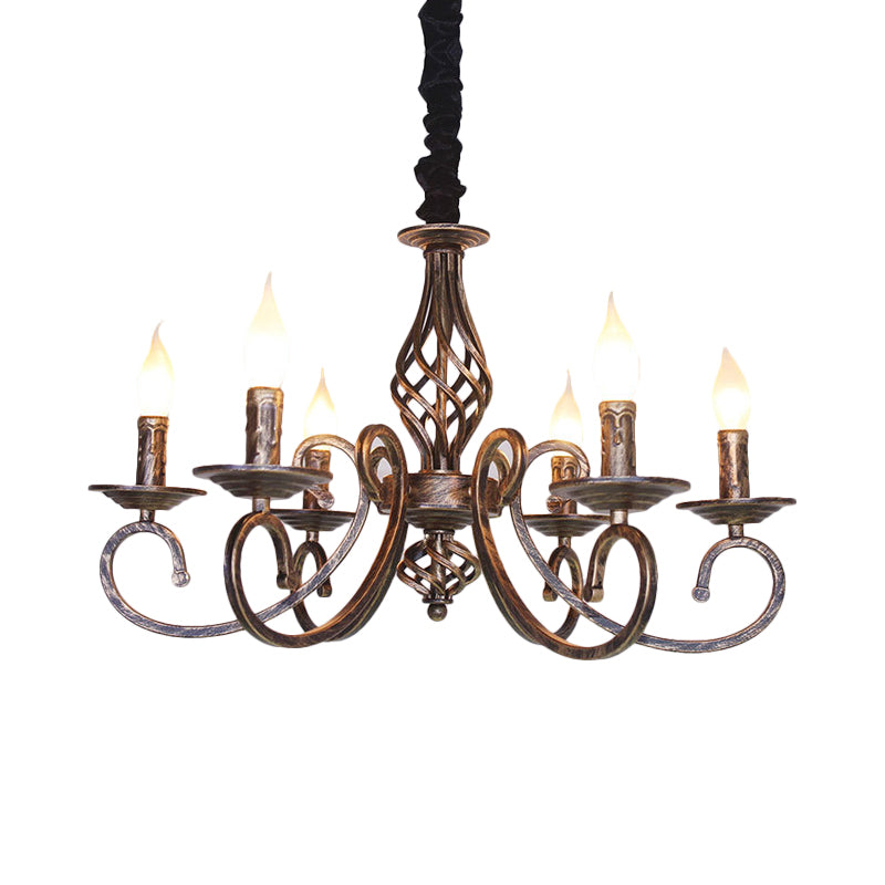 6 Lights Swirled Arm Chandelier Lamp Vintage Bronze Metal Suspension Lighting Fixture for Dining Room Clearhalo 'Ceiling Lights' 'Chandeliers' Lighting' options 260787