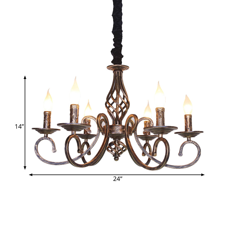 6 Lights Swirled Arm Chandelier Lamp Vintage Bronze Metal Suspension Lighting Fixture for Dining Room Clearhalo 'Ceiling Lights' 'Chandeliers' Lighting' options 260788