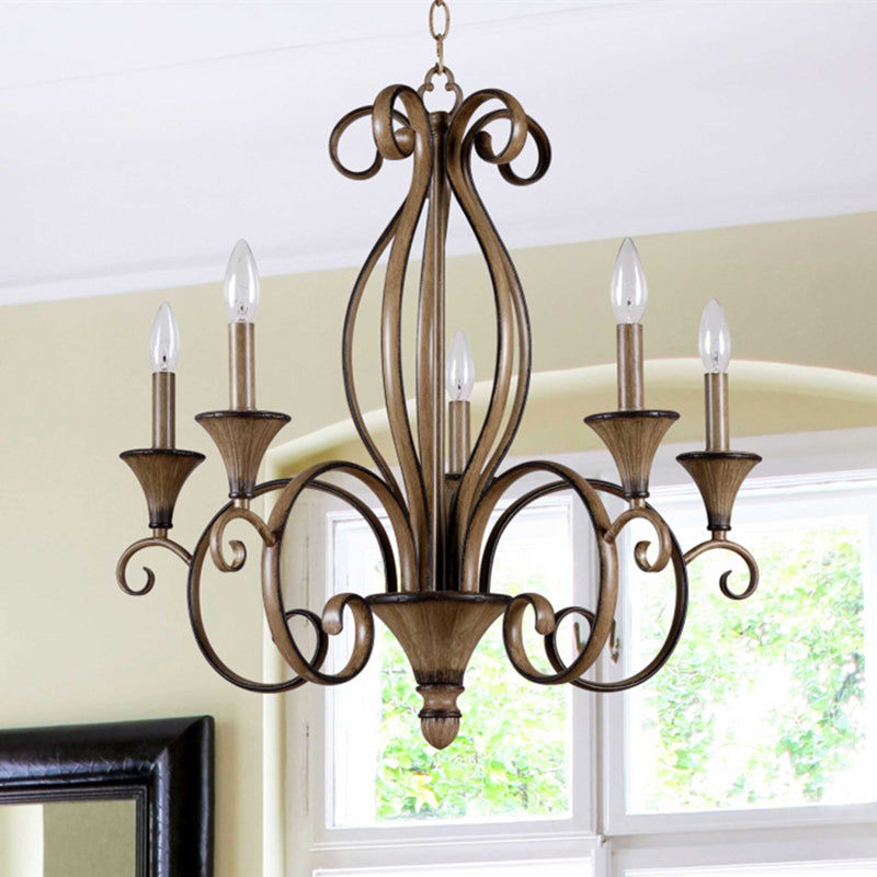 Metal Wood Pendant Lighting Swirled Arm 5 Lights Countryside Chandelier Lamp Clearhalo 'Ceiling Lights' 'Chandeliers' Lighting' options 260790