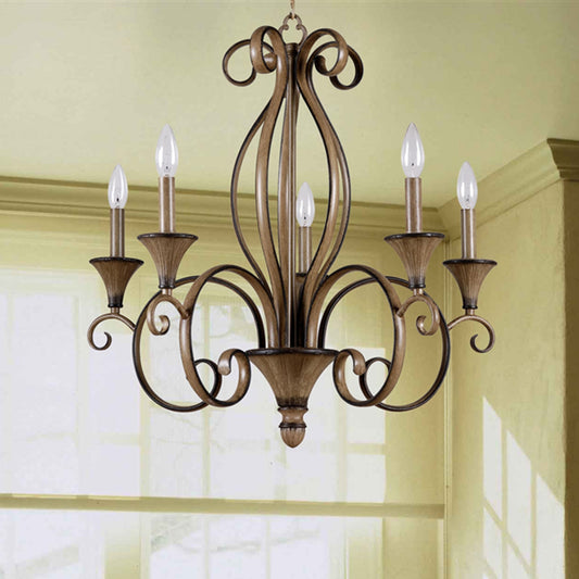 Metal Wood Pendant Lighting Swirled Arm 5 Lights Countryside Chandelier Lamp Clearhalo 'Ceiling Lights' 'Chandeliers' Lighting' options 260791