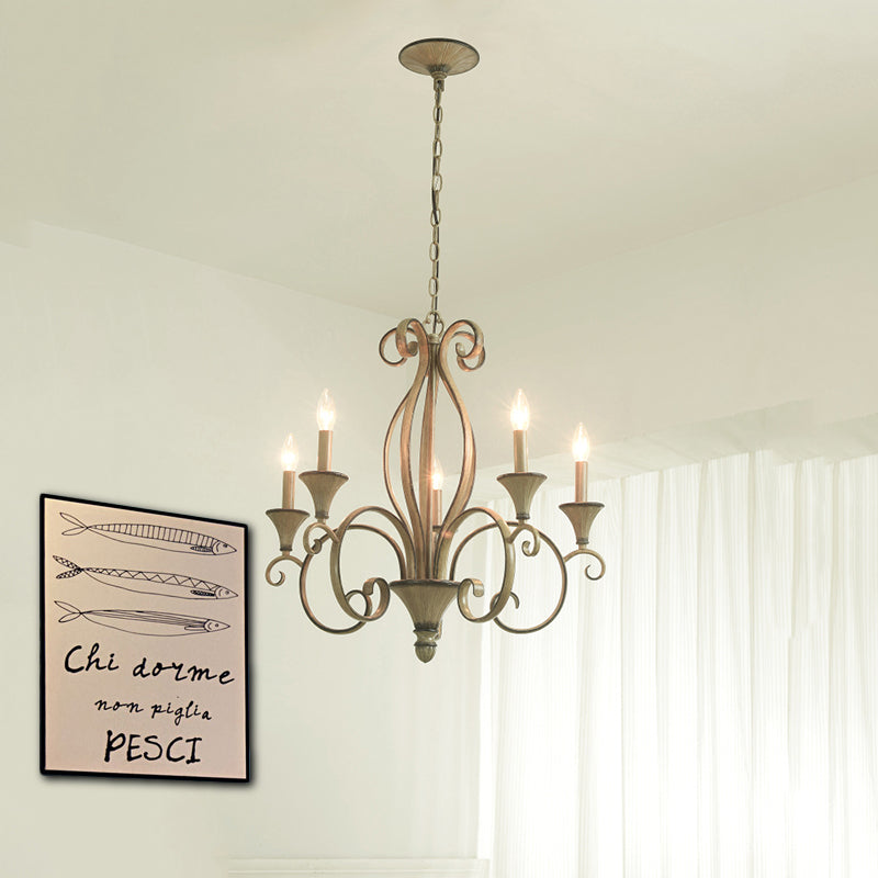 Metal Wood Pendant Lighting Swirled Arm 5 Lights Countryside Chandelier Lamp Clearhalo 'Ceiling Lights' 'Chandeliers' Lighting' options 260792