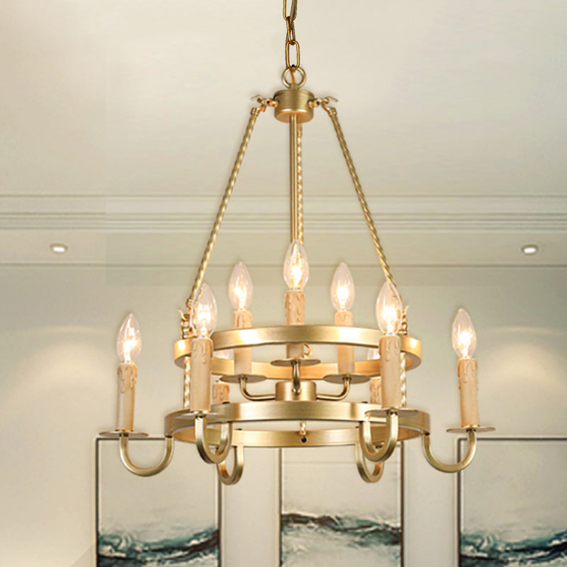 Bronze/Gold Candle Style Hanging Lamp Vintage Metal 9 Lights Living Room Chandelier Lighting, 22"/27.5"/35.5" Wide Clearhalo 'Ceiling Lights' 'Chandeliers' Lighting' options 260823