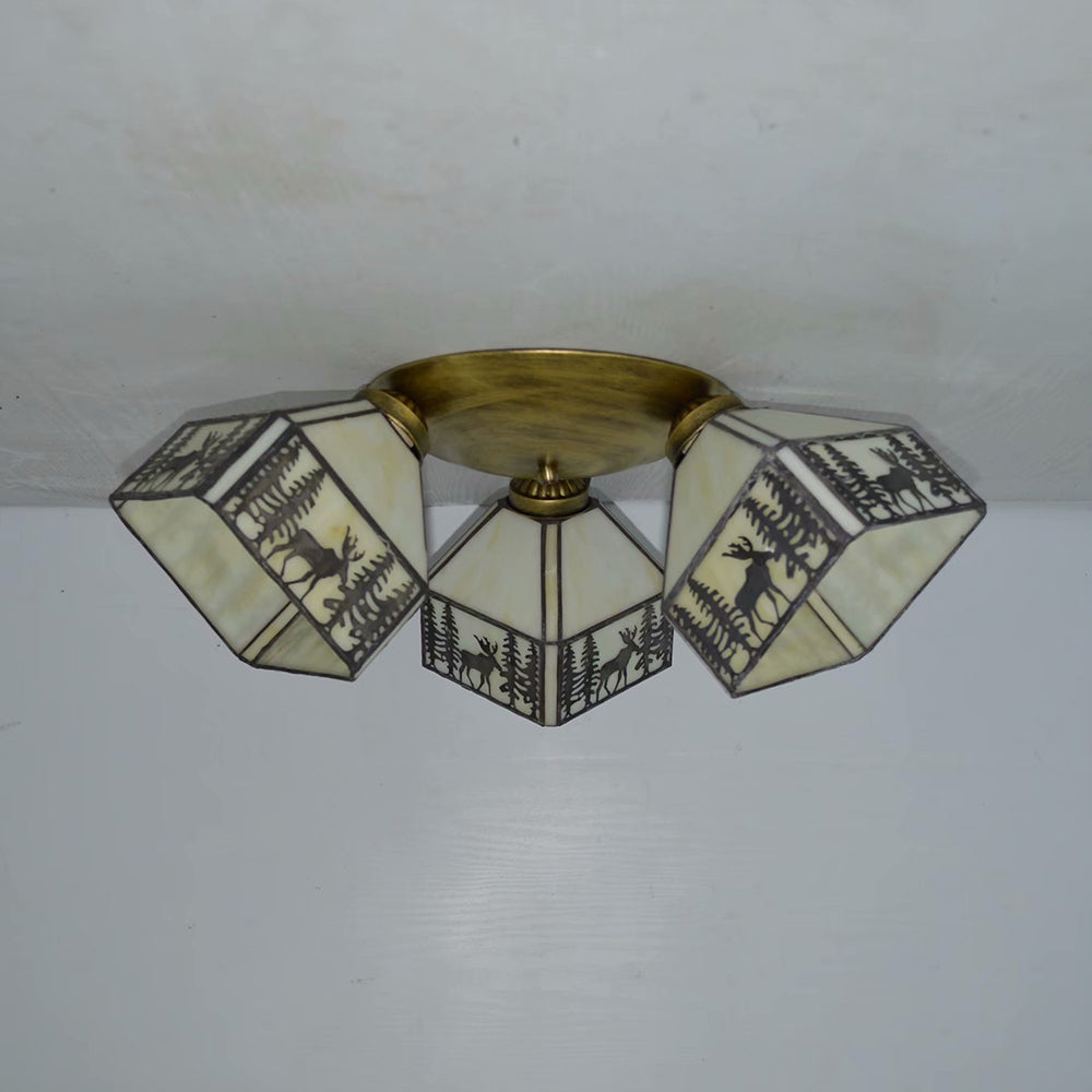 Geometric Ceiling Light with Prismatic/Swallow-Tail/House/Dome/Bell Shape Retro Style Stained Glass 3 Lights Flushmount Ceiling Light Clearhalo 'Ceiling Lights' 'Close To Ceiling Lights' 'Close to ceiling' 'Glass shade' 'Glass' 'Semi-flushmount' 'Tiffany close to ceiling' 'Tiffany' Lighting' 26084