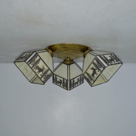 Geometric Ceiling Light with Prismatic/Swallow-Tail/House/Dome/Bell Shape Retro Style Stained Glass 3 Lights Flushmount Ceiling Light Clearhalo 'Ceiling Lights' 'Close To Ceiling Lights' 'Close to ceiling' 'Glass shade' 'Glass' 'Semi-flushmount' 'Tiffany close to ceiling' 'Tiffany' Lighting' 26084