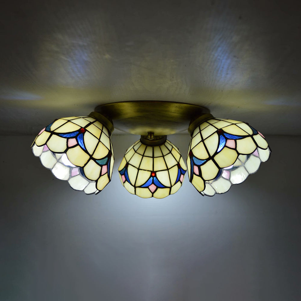 Geometric Ceiling Light with Prismatic/Swallow-Tail/House/Dome/Bell Shape Retro Style Stained Glass 3 Lights Flushmount Ceiling Light Brass Dome Clearhalo 'Ceiling Lights' 'Close To Ceiling Lights' 'Close to ceiling' 'Glass shade' 'Glass' 'Semi-flushmount' 'Tiffany close to ceiling' 'Tiffany' Lighting' 26087