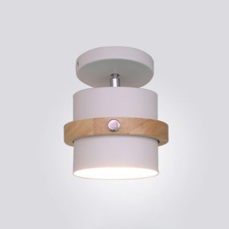 1-Light Metal Shade Semi Flush Mount Lighting Nordic Modern Style Wood Ceiling Light for Hallway White Cylinder Clearhalo 'Ceiling Lights' 'Close To Ceiling Lights' 'Lighting' 2609708