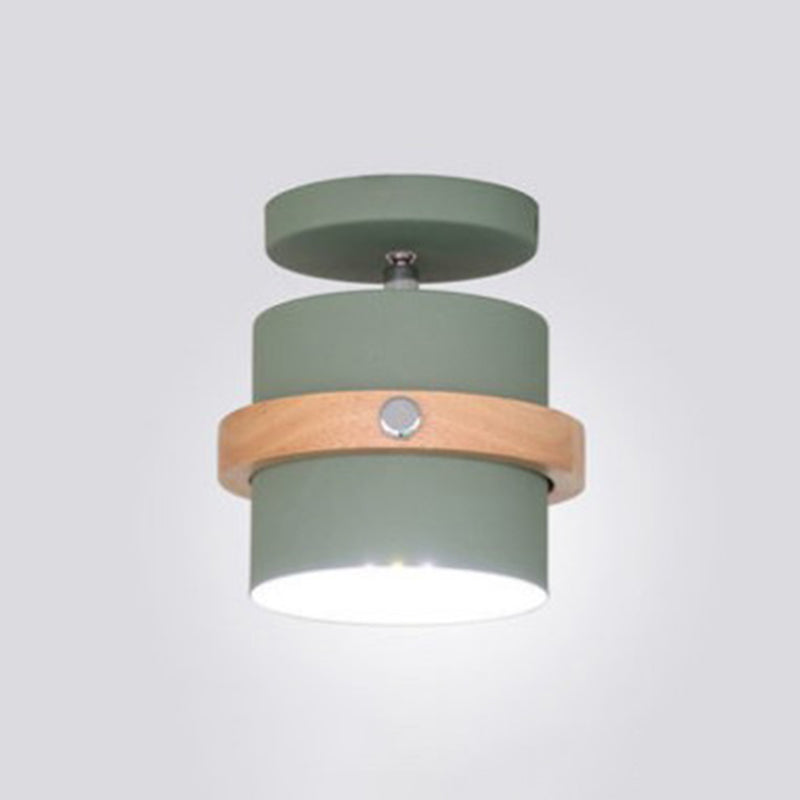 1-Light Metal Shade Semi Flush Mount Lighting Nordic Modern Style Wood Ceiling Light for Hallway Green Cylinder Clearhalo 'Ceiling Lights' 'Close To Ceiling Lights' 'Lighting' 2609711