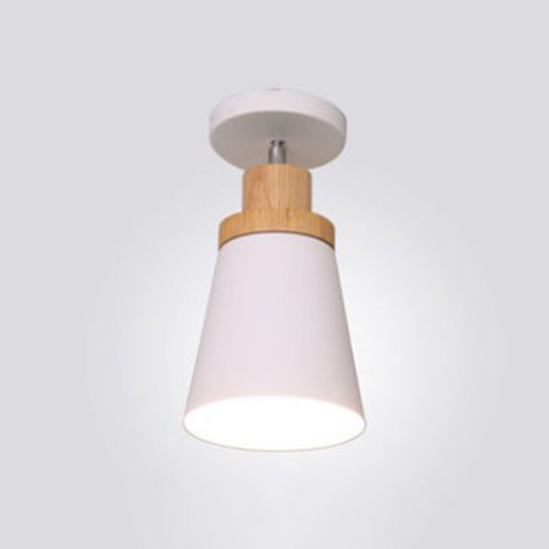 1-Light Metal Shade Semi Flush Mount Lighting Nordic Modern Style Wood Ceiling Light for Hallway White Cone Clearhalo 'Ceiling Lights' 'Close To Ceiling Lights' 'Lighting' 2609713