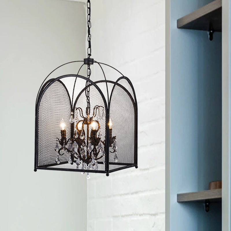 Vintage Candle Hanging Pendant 4 Lights Metal Ceiling Chandelier in Black with Crystal Drop Clearhalo 'Ceiling Lights' 'Chandeliers' Lighting' options 260977