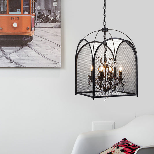 Vintage Candle Hanging Pendant 4 Lights Metal Ceiling Chandelier in Black with Crystal Drop Clearhalo 'Ceiling Lights' 'Chandeliers' Lighting' options 260978