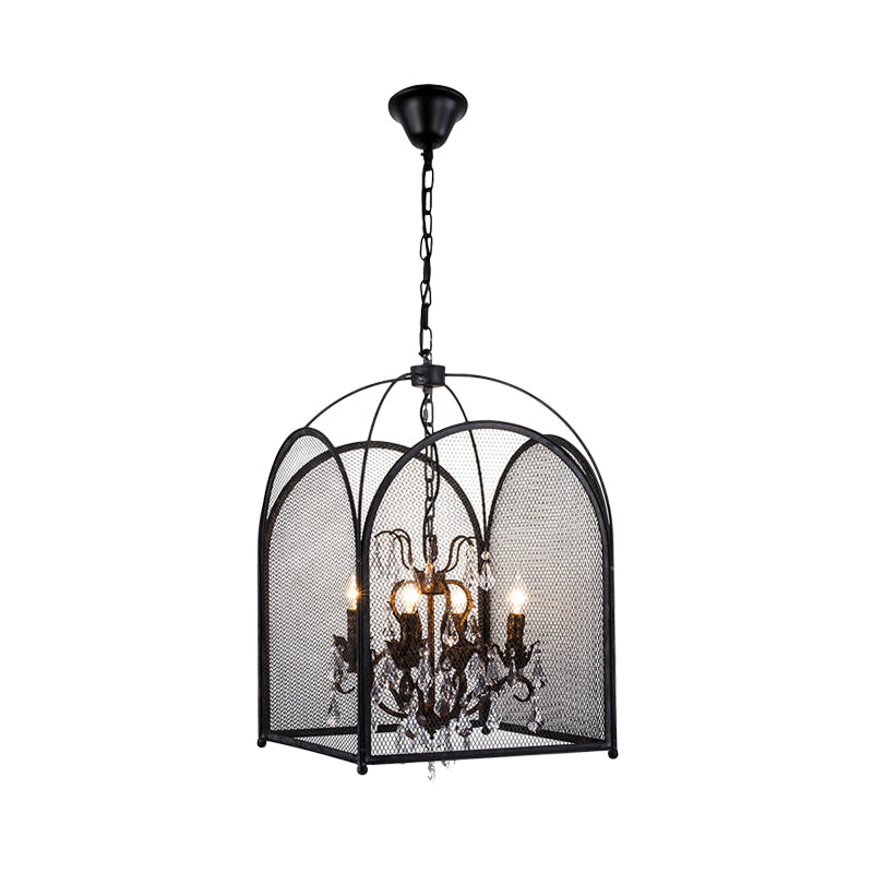 Vintage Candle Hanging Pendant 4 Lights Metal Ceiling Chandelier in Black with Crystal Drop Clearhalo 'Ceiling Lights' 'Chandeliers' Lighting' options 260980