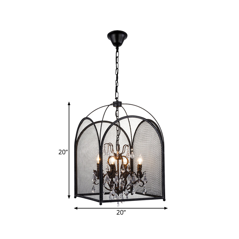 Vintage Candle Hanging Pendant 4 Lights Metal Ceiling Chandelier in Black with Crystal Drop Clearhalo 'Ceiling Lights' 'Chandeliers' Lighting' options 260981