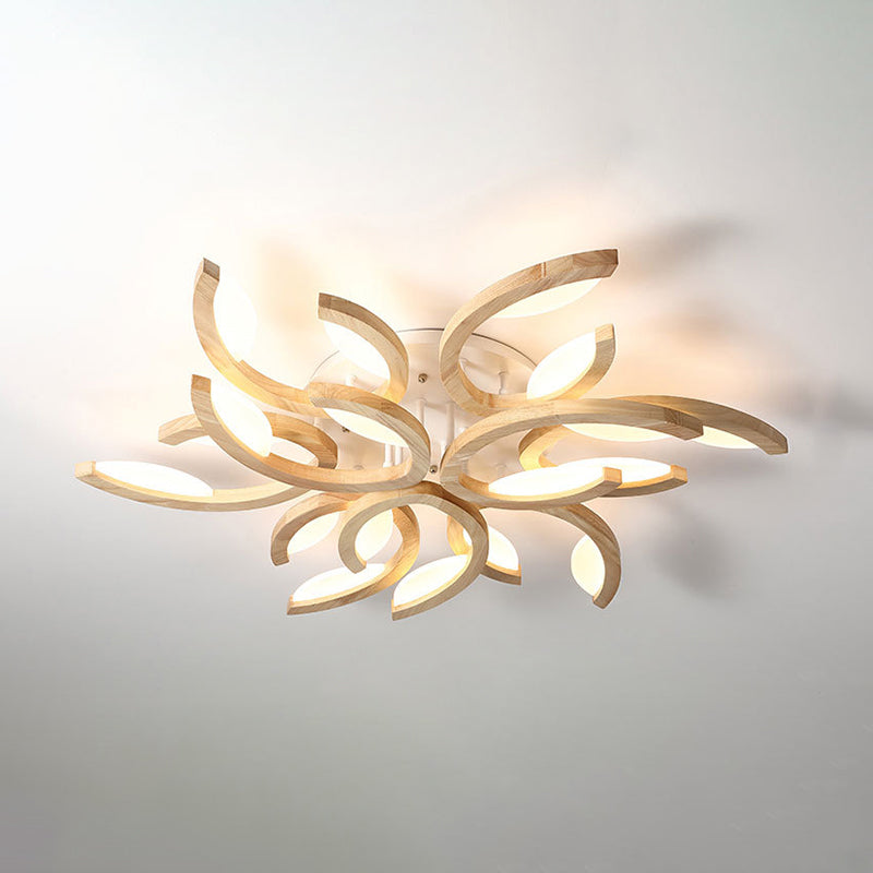 Multi Light Floral LED Ceiling Lamp Modern Fashion Wood Semi Flush Mount Light for Living Room 9 Wood Clearhalo 'Ceiling Lights' 'Close To Ceiling Lights' 'Lighting' 2609832