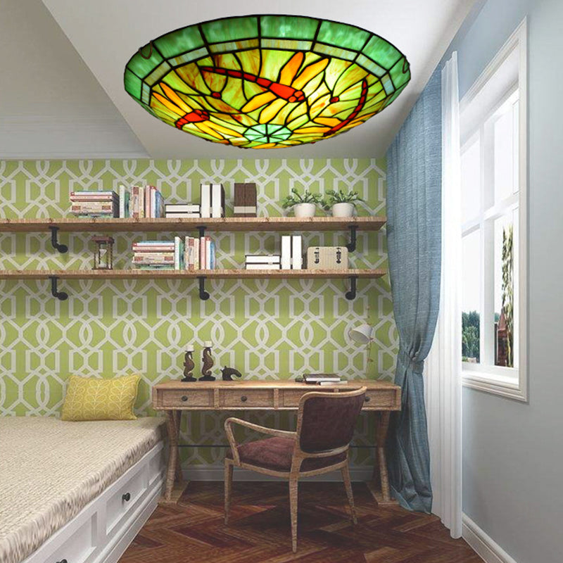 Bowl Flush-Mount Ceiling Light Tiffany Handcrafted Art Glass Flushmount Lamp in Green Green Clearhalo 'Ceiling Lights' 'Close To Ceiling Lights' 'Lighting' 2609846