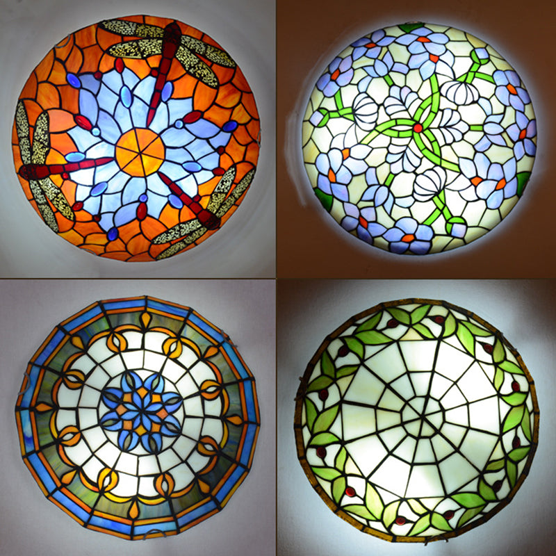 Stained Glass Bowl Flush Mount Light Tiffany Rustic Ceiling Lamp for Stair Living Room Clearhalo 'Ceiling Lights' 'Close To Ceiling Lights' 'Lighting' 2609879