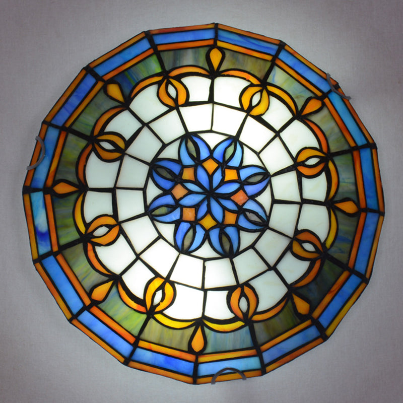 Stained Glass Bowl Flush Mount Light Tiffany Rustic Ceiling Lamp for Stair Living Room Blue Clearhalo 'Ceiling Lights' 'Close To Ceiling Lights' 'Lighting' 2609885