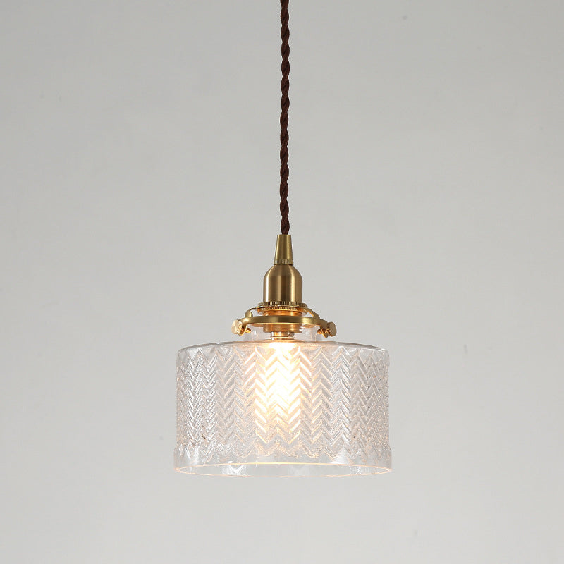 Brass 1 Light Ceiling Light Retro Cylindrical Glass Shade Living Room Small Hanging Lamp Clearhalo 'Ceiling Lights' 'Industrial Pendants' 'Industrial' 'Middle Century Pendants' 'Pendant Lights' 'Pendants' 'Tiffany' Lighting' 2609957