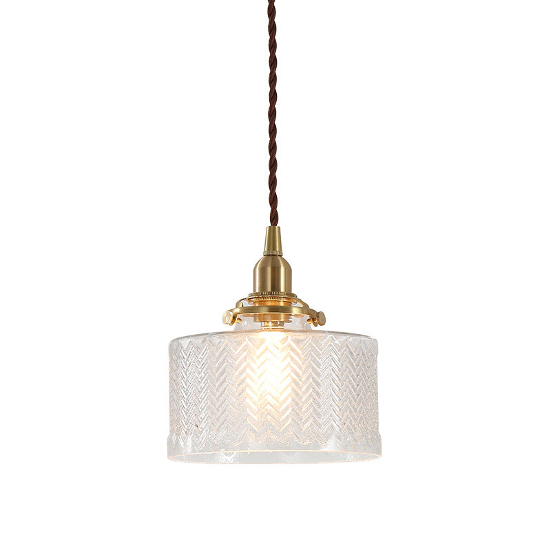 Brass 1 Light Ceiling Light Retro Cylindrical Glass Shade Living Room Small Hanging Lamp Clearhalo 'Ceiling Lights' 'Industrial Pendants' 'Industrial' 'Middle Century Pendants' 'Pendant Lights' 'Pendants' 'Tiffany' Lighting' 2609961