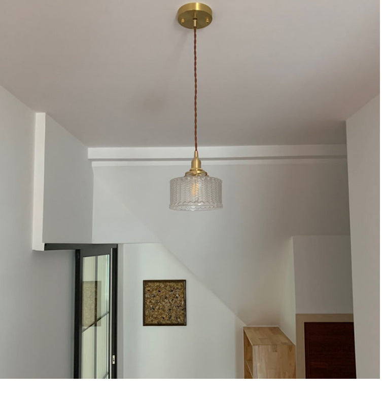 Brass 1 Light Ceiling Light Retro Cylindrical Glass Shade Living Room Small Hanging Lamp Clearhalo 'Ceiling Lights' 'Industrial Pendants' 'Industrial' 'Middle Century Pendants' 'Pendant Lights' 'Pendants' 'Tiffany' Lighting' 2609963