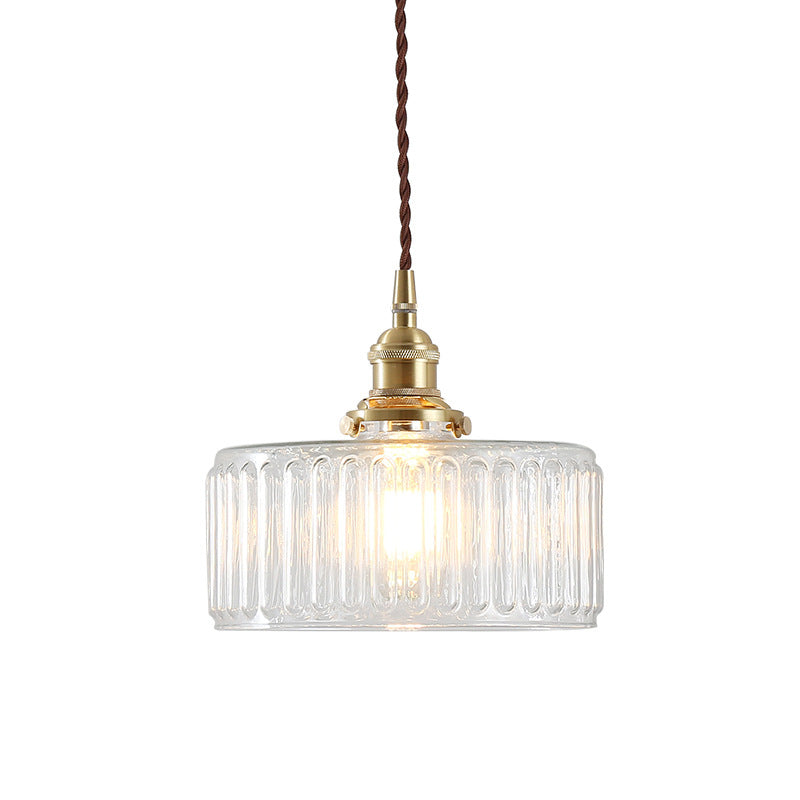 Vintage 1 Light Pendant Lamp Clear Ribbed Glass Drum Pendant Lighting for Living Room Clearhalo 'Ceiling Lights' 'Pendant Lights' 'Pendants' Lighting' 2609968