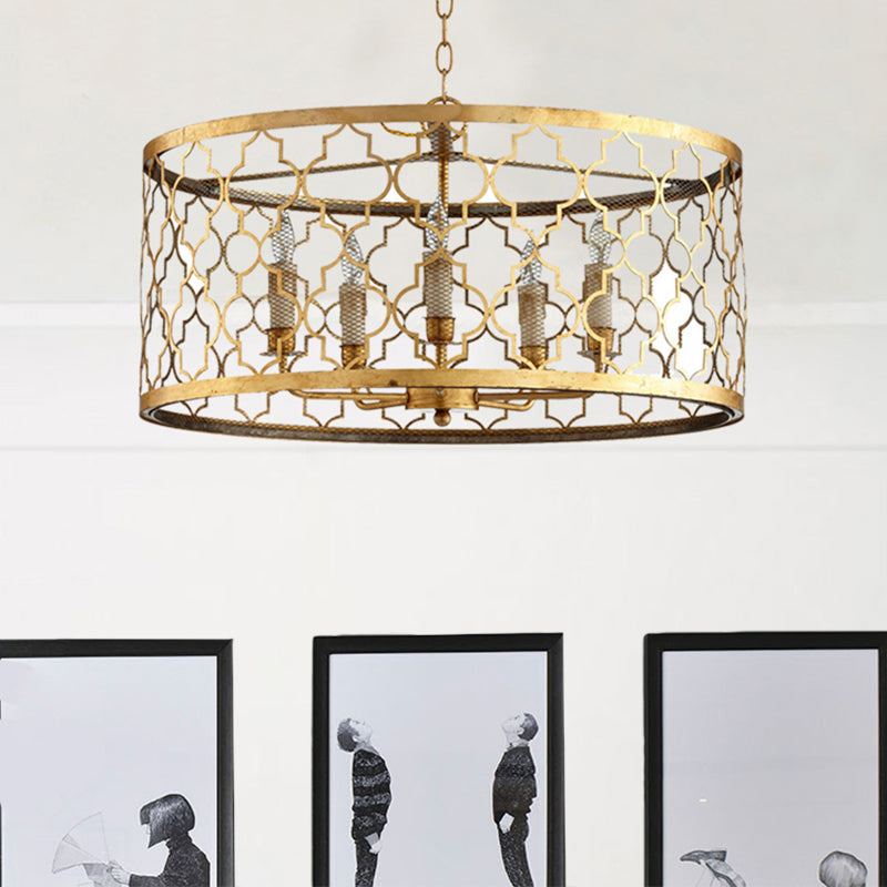 5 Lights Ceiling Suspension Lamp Country Drum Metal Chandelier Lighting in Gold with Living Room Gold Clearhalo 'Ceiling Lights' 'Chandeliers' Lighting' options 260996_7414ded5-6502-494b-84bc-71a67b023a61