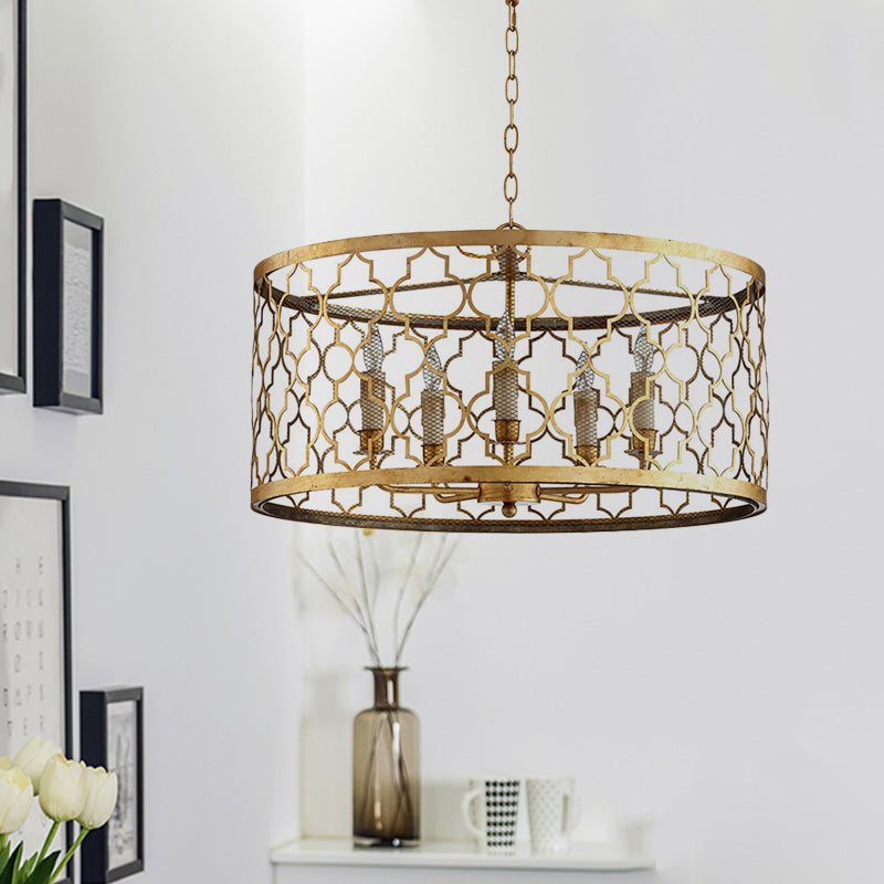 5 Lights Ceiling Suspension Lamp Country Drum Metal Chandelier Lighting in Gold with Living Room Clearhalo 'Ceiling Lights' 'Chandeliers' Lighting' options 260997