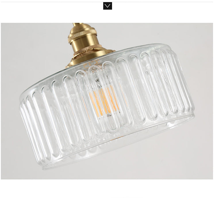 Vintage 1 Light Pendant Lamp Clear Ribbed Glass Drum Pendant Lighting for Living Room Clearhalo 'Ceiling Lights' 'Pendant Lights' 'Pendants' Lighting' 2609971