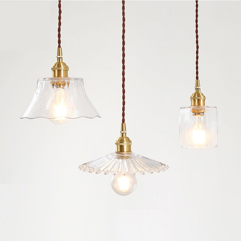 Brass 1 Light Ceiling Light Retro Clear Glass Shade Living Room Small Hanging Lamp Clearhalo 'Ceiling Lights' 'Pendant Lights' 'Pendants' Lighting' 2609972